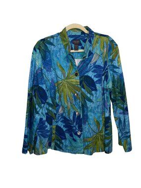 Chicos Additions Blue & Green Tropical Leaf Print Blazer Jacket US Size L